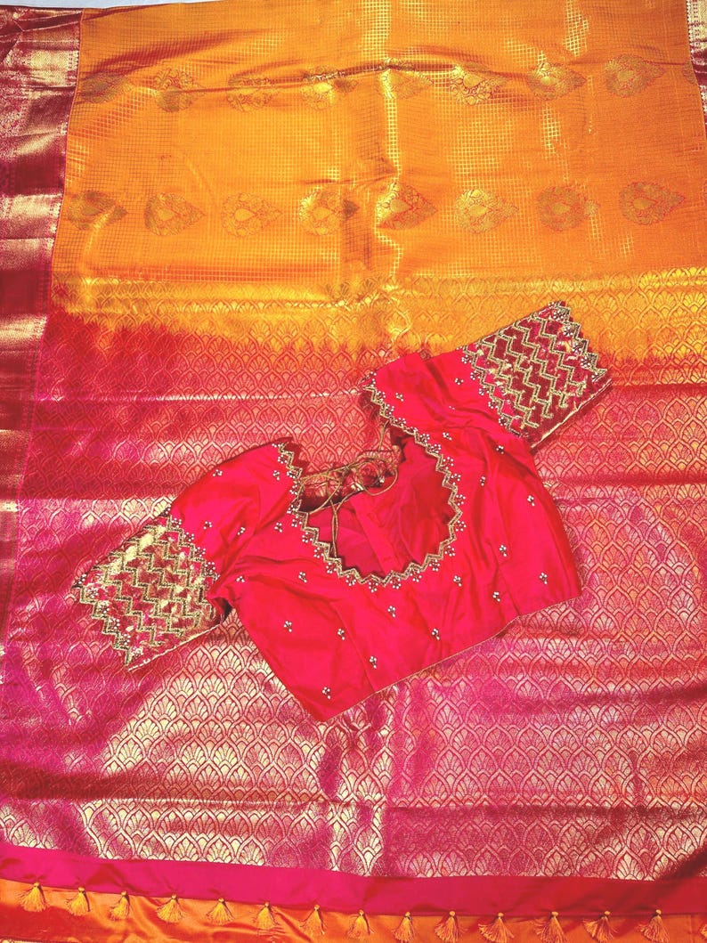 Premium Kanjivaram Saree | Semi Silk Wedding Saree with Stitched Maggam Embroidery Blouse