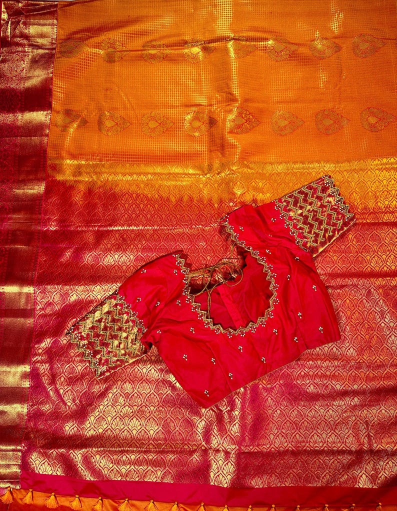 Premium Kanjivaram Saree | Semi Silk Wedding Saree with Stitched Maggam Embroidery Blouse