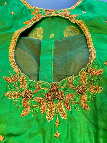 Premium Kanjivaram Saree Wedding Saree with Maggam Work Blouse Green and Gold Ready-to-wear Shipping from USA