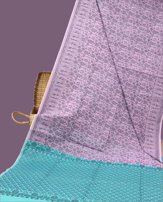Lavender Semi-Silk Cotton Saree with Warli Motif Border & Intricate Pallu Design | Ethnic Wear