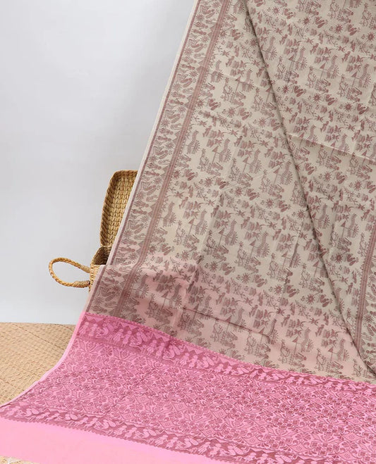 Beige, Pink Semi-Silk Cotton Saree with Warli Motif Border & Contrast Intricate Pallu | Traditional Ethnic Saree