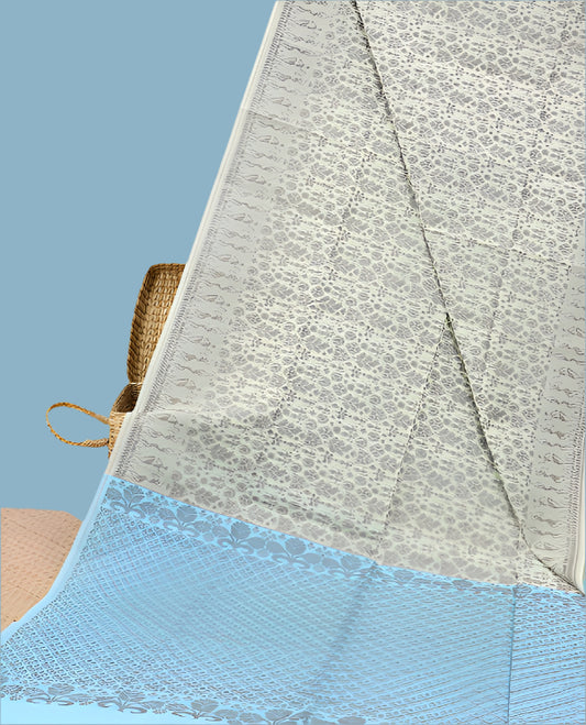 Beige Semi-Silk Cotton Saree with Warli Motifs Border &amp; Contrast Pallu | Ethnic Designer Saree | Beige Blue