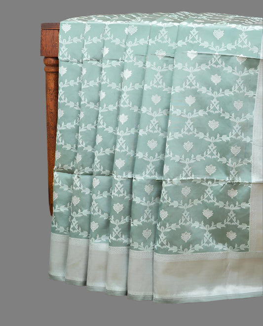 Soft Silk Saree with Silver Zari Border & Rich Pallu | Butta Design Blouse| Light green jaal design