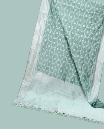 Soft Silk Saree with Silver Zari Border & Rich Pallu | Butta Design Blouse| Light green jaal design