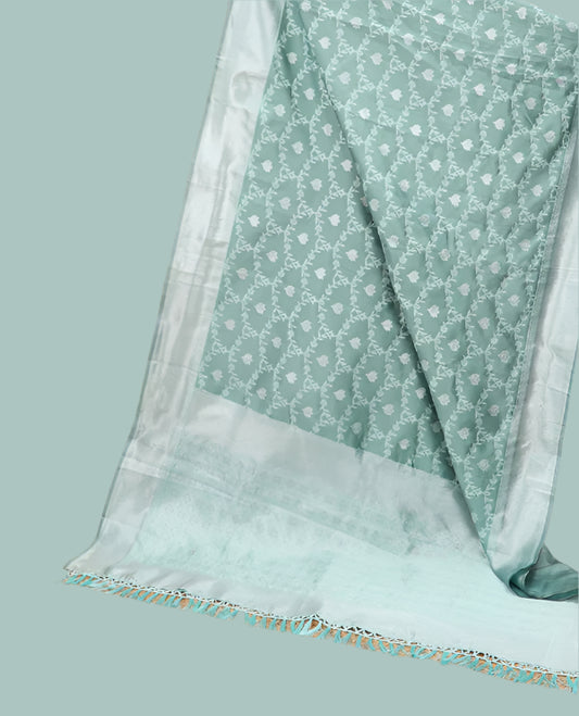 Soft Silk Saree with Silver Zari Border & Rich Pallu | Butta Design Blouse| Light green jaal design