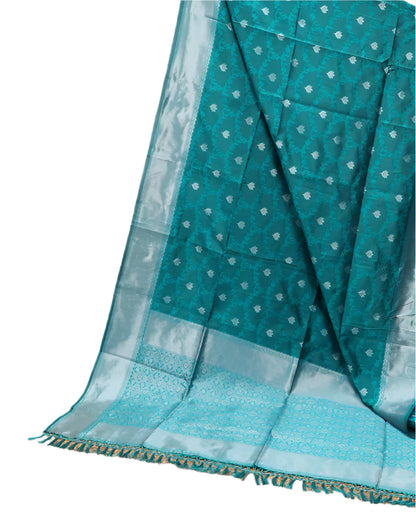 Soft Silk Saree with Silver Zari Border & Rich Pallu | Butta Design Blouse| Peacock green jaal design (Copy)