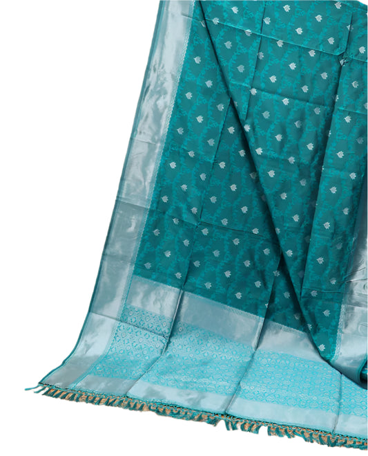 Soft Silk Saree with Silver Zari Border & Rich Pallu | Butta Design Blouse| Peacock green jaal design (Copy)