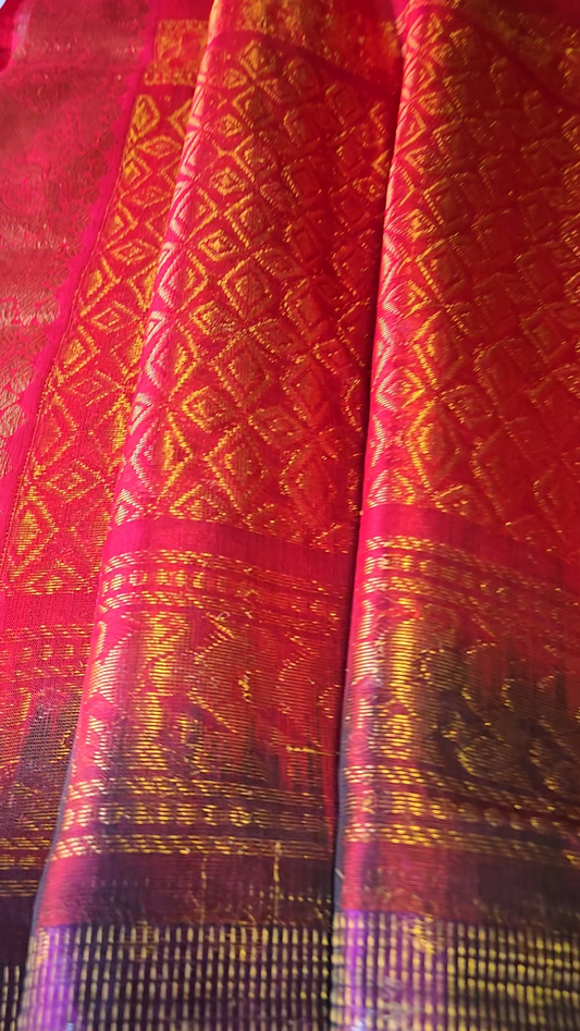Handloom Pure Silk Saree with Stitched Blouse Dual tone buy from USA in Dark Wine with Red Kasavu Border – Rich Traditional Attire for Festive Occasions
